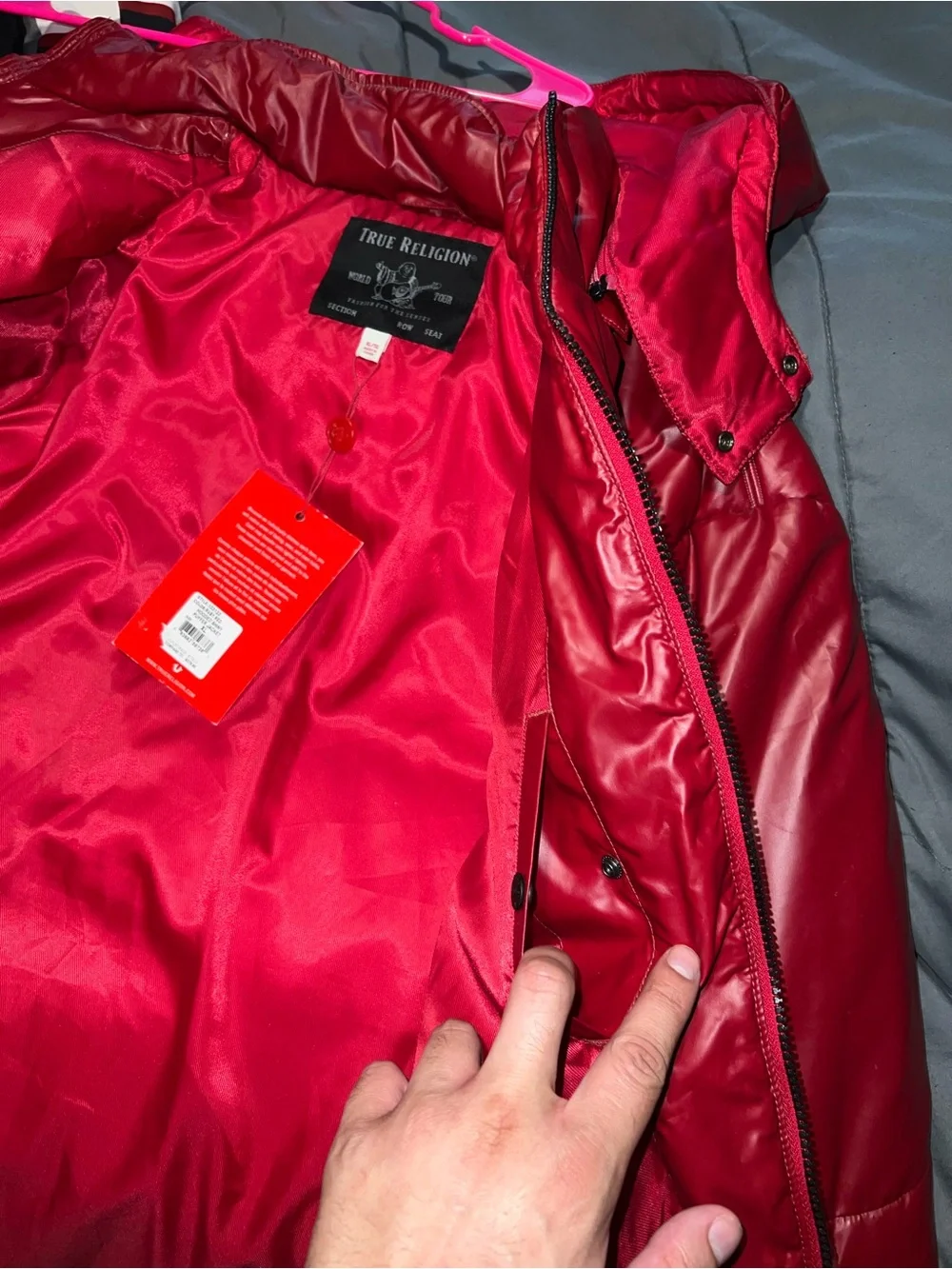 True Religion Red Satin-Look Jacket Interior with Branded Tag